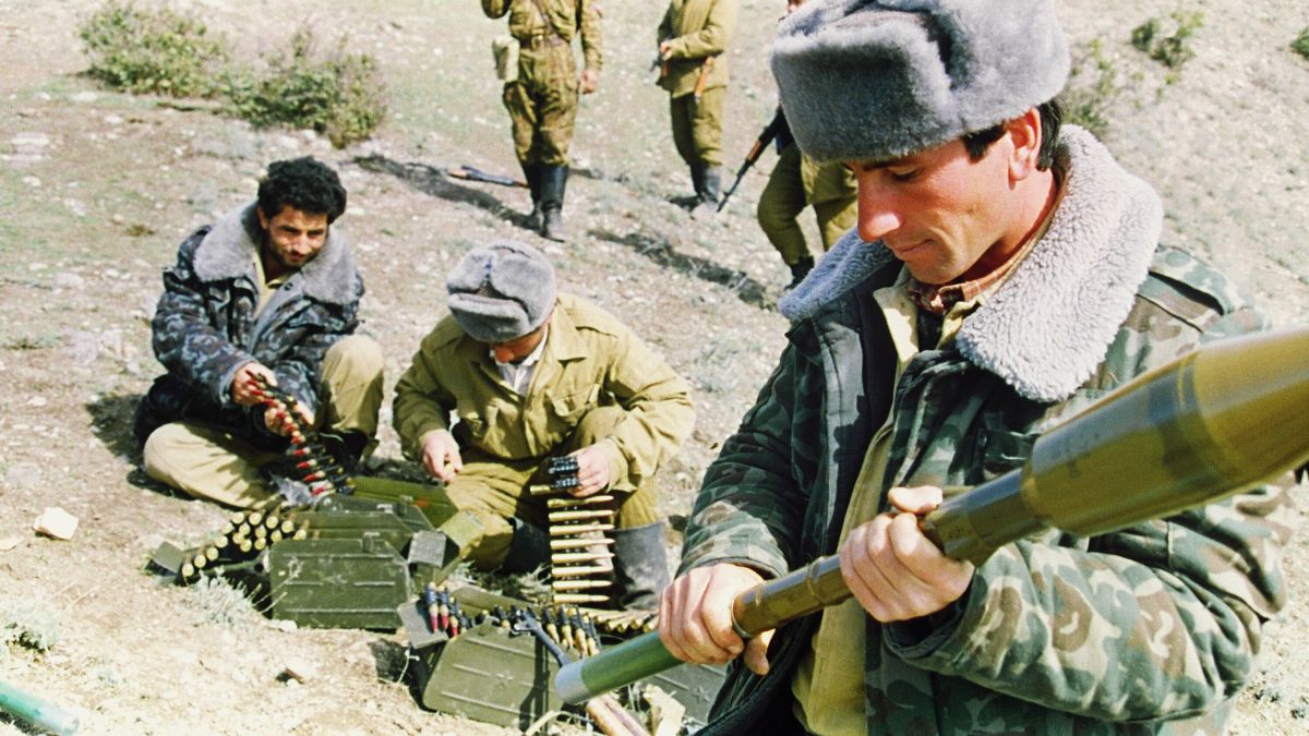 Azerbaijani soldiers prepare for a battle in Gubadly. October 1992.