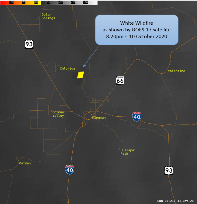 NWSVegas's tweet photo. 9pm - @NWS GOES-17 Satellite showing a wildfire just north of Kingman tonight. Despite being only 60 acres in size, sensors on this satellite are sentative enough to pick up on the fire. 

Local authorities are on scene and fighting the fire. 

#azwx @mohavecounty https://t.co/PuaxsKsLCE