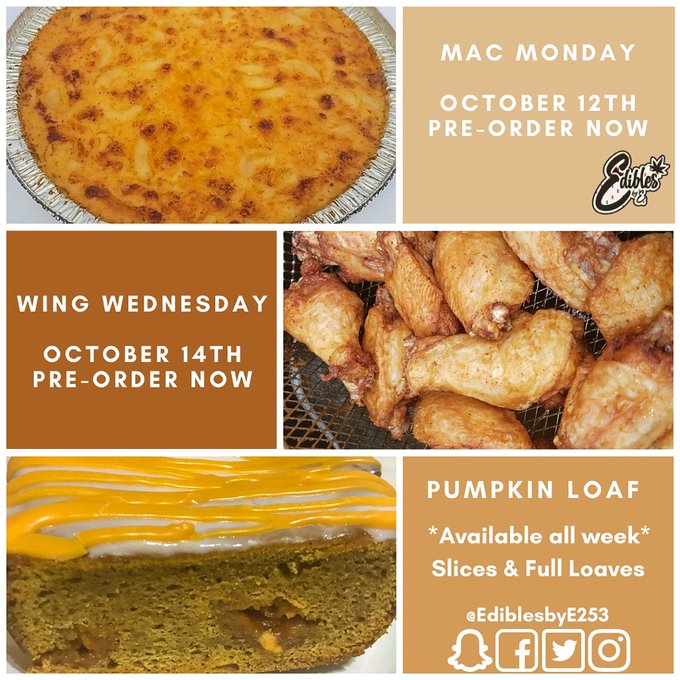 Upcoming menu for October 12th-19th. Pumpkin Loaf AVAILABLE NOW!  Pre Sale for both Mac Monday &amp; Wing<a href="/tag/foodporn"class="tags"><span>#foodporn</span></a><a href="/tag/menu"class="tags"><span>#menu</span></a><a href="/tag/foodies"class="tags"><span>#foodies</span></a><a href="/tag/foodblogger"class="tags"><span>#foodblogger</span></a><a href="/tag/yesicancook"class="tags"><span>#yesicancook</span></a>