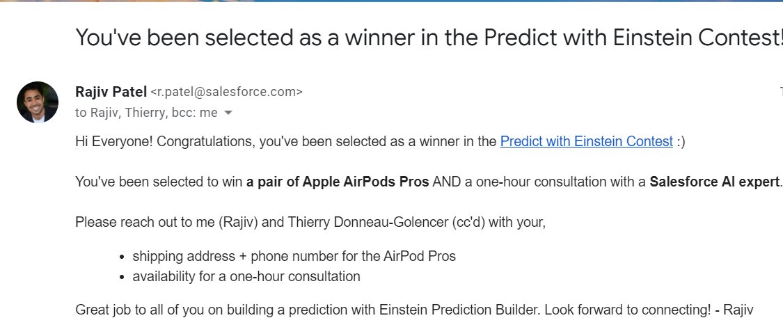 Sonali_sfdc1104's tweet photo. Thank you @_rajivpatel_, Thierry Donneau-Golencer & @TableauCRM for organizing #PredictwithEinsteinContest
It was a pleasure to be a part of it and this email made my day!🤗
Looking forward to more amazing contests and help #SalesforceOhana to explore #EinsteinPredictionBuilder https://t.co/G5o9FIhLNl