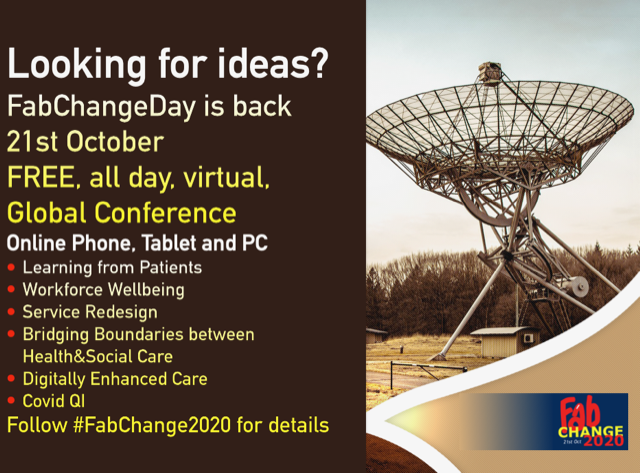 #FabChange20 is back!!

21st October FREE Global Virtual Conference 8am-4pm learning from #Covid19

No login in, no registration with over 40 workshops and fabulous speakers 👏👍

Follow #FabChange20 for details 

#NoGoingBack <a href="/RoyLilley/">Roy Lilley 💙</a> <a href="/gbtpo/">Dr Theresa Porrett</a>