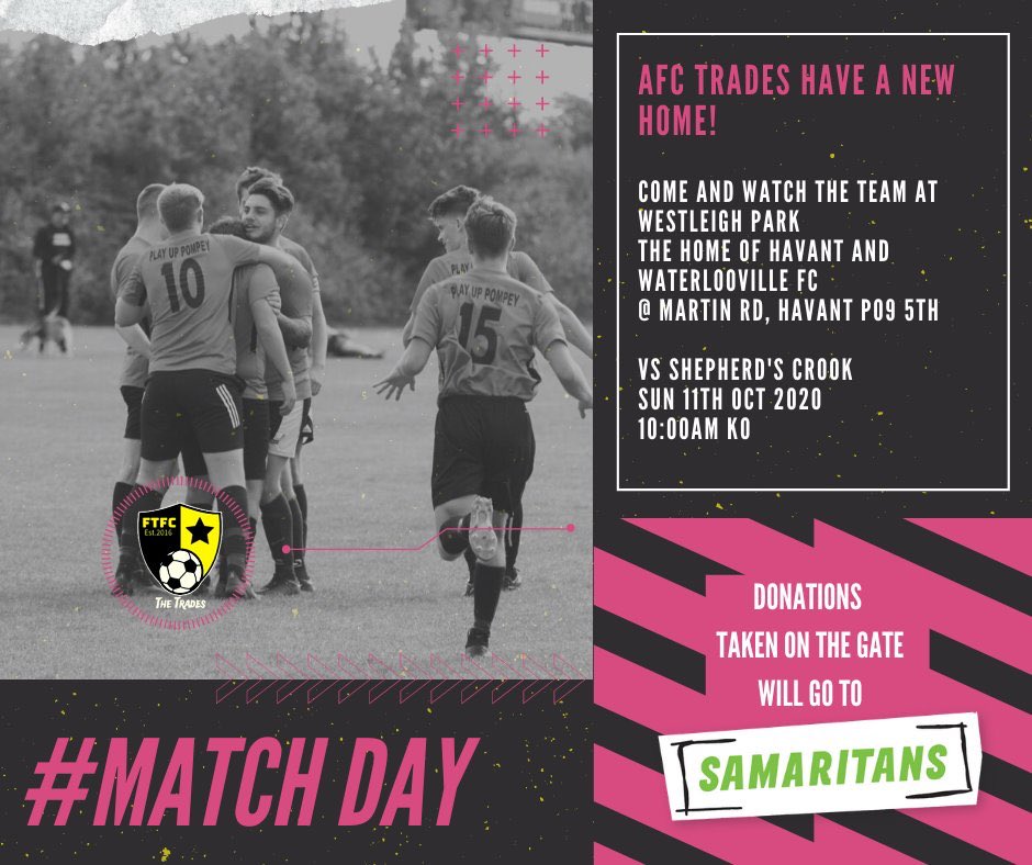 AFC Trades (@tradesafc) on Twitter photo It’s #MatchDay as we take on <a href="/ShepsCrookFC/">Shepherd’s Crook FC</a> in the league. Pop down to <a href="/HWFCOfficial/">Havant & Waterlooville FC</a> 10:00 kick off. Donations going to <a href="/samaritans/">Samaritans</a>!
<a href="/PompeyNewsNow/">PompeyNewsNow🎙PO4cast</a> @The_Hawks_Fans <a href="/portsmouthsport/">Portsmouth Sport</a> @90MinutesMore
#UTT It’s #MatchDay as we take on <a href="/ShepsCrookFC/">Shepherd’s Crook FC</a> in the league. Pop down to <a href="/HWFCOfficial/">Havant & Waterlooville FC</a> 10:00 kick off. Donations going to <a href="/samaritans/">Samaritans</a>!
<a href="/PompeyNewsNow/">PompeyNewsNow🎙PO4cast</a> @The_Hawks_Fans <a href="/portsmouthsport/">Portsmouth Sport</a> @90MinutesMore
#UTT