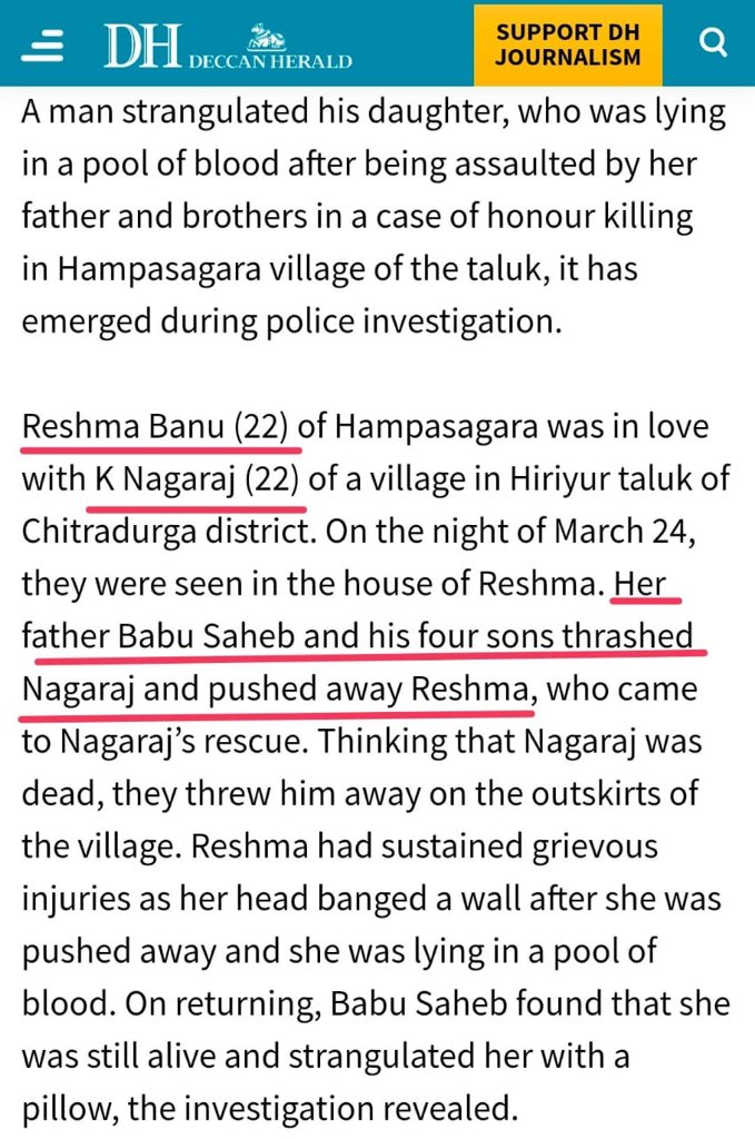 4- K Nagraj fell in love with Reshma Banu. Girl's father and four brothers thrashed Nagraj and strangulated Reshma with a pillow. They burried her claiming she got heart attack. Few days later Nagraj succumbed to injuries.