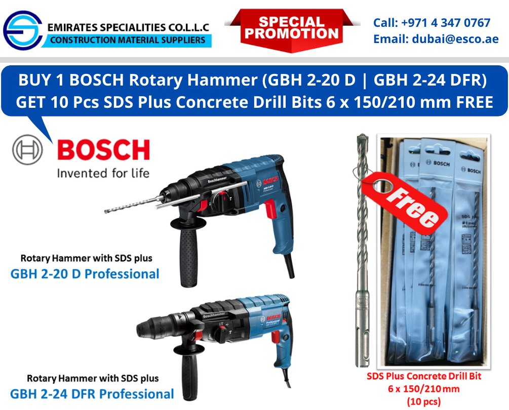 ESCO Special Promotion! BUY 1 #BOSCH #RotaryHammer (GBH 2-20 D | GBH 2-24 DFR) GET 10 Pcs SDS Plus #ConcreteDrillBits 6 x 150/210 mm FREE.

Call us now!

#Rotaryhammers
#boschtools
#BoschDrillbits
#boschsdsdrillbits
#BoschPowerTools
#BoschGBH
#boschhammerdrill 
#sdsdrillbits