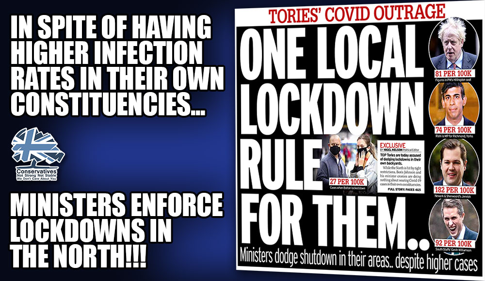 StrongerStabler's tweet photo. Boris Johnson's Cabinet Ministers are dodging coronavirus lockdowns in their own backyards as the North is hit by tight restrictions. 

The PM, Rishi Sunak, Robert Jenrick &amp; Gavin Williamson all have high constituency infection rates...

https://t.co/KzQ87iuzRo

#marr #ridge https://t.co/tXPSVrsgtW