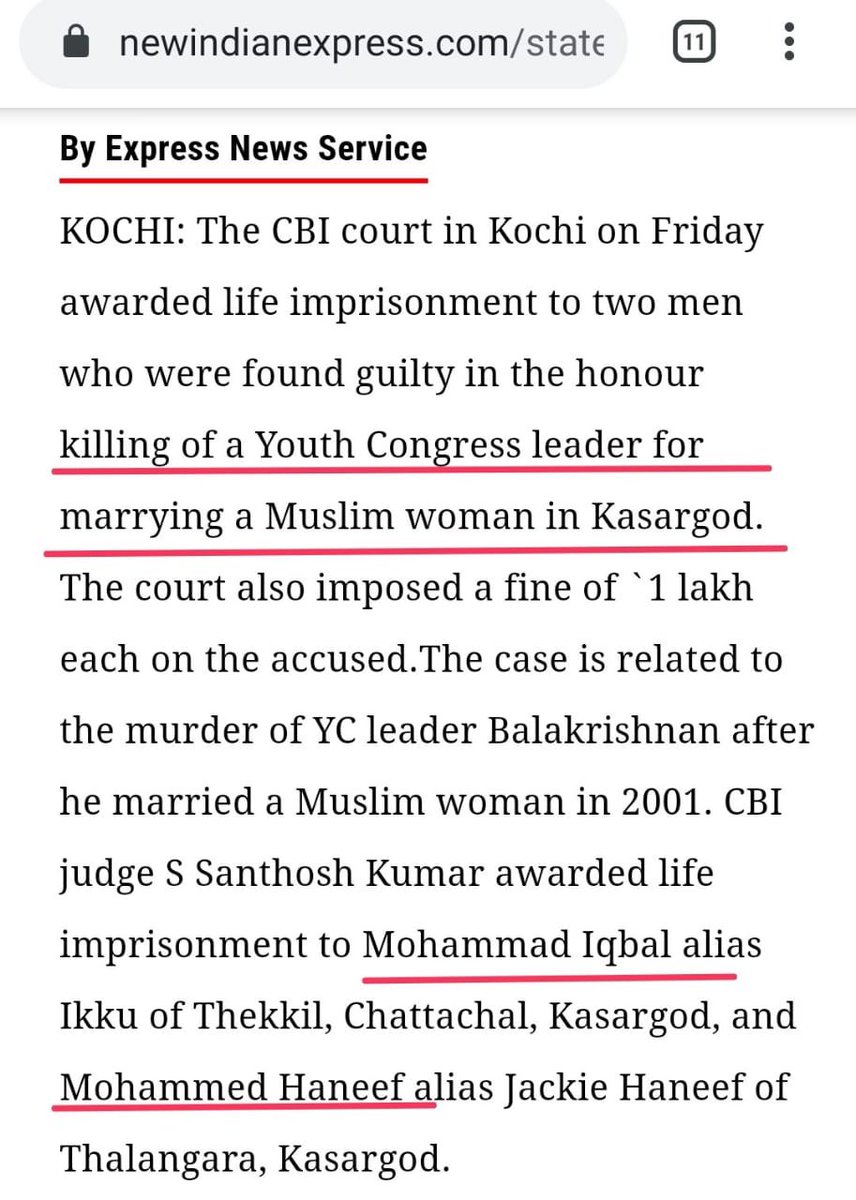 6- Balakrishan was killed for marrying a Muslim woman. 3 months after the marriage Iqbal and Haneef took Balakrishan in a car and stabbed him to death.