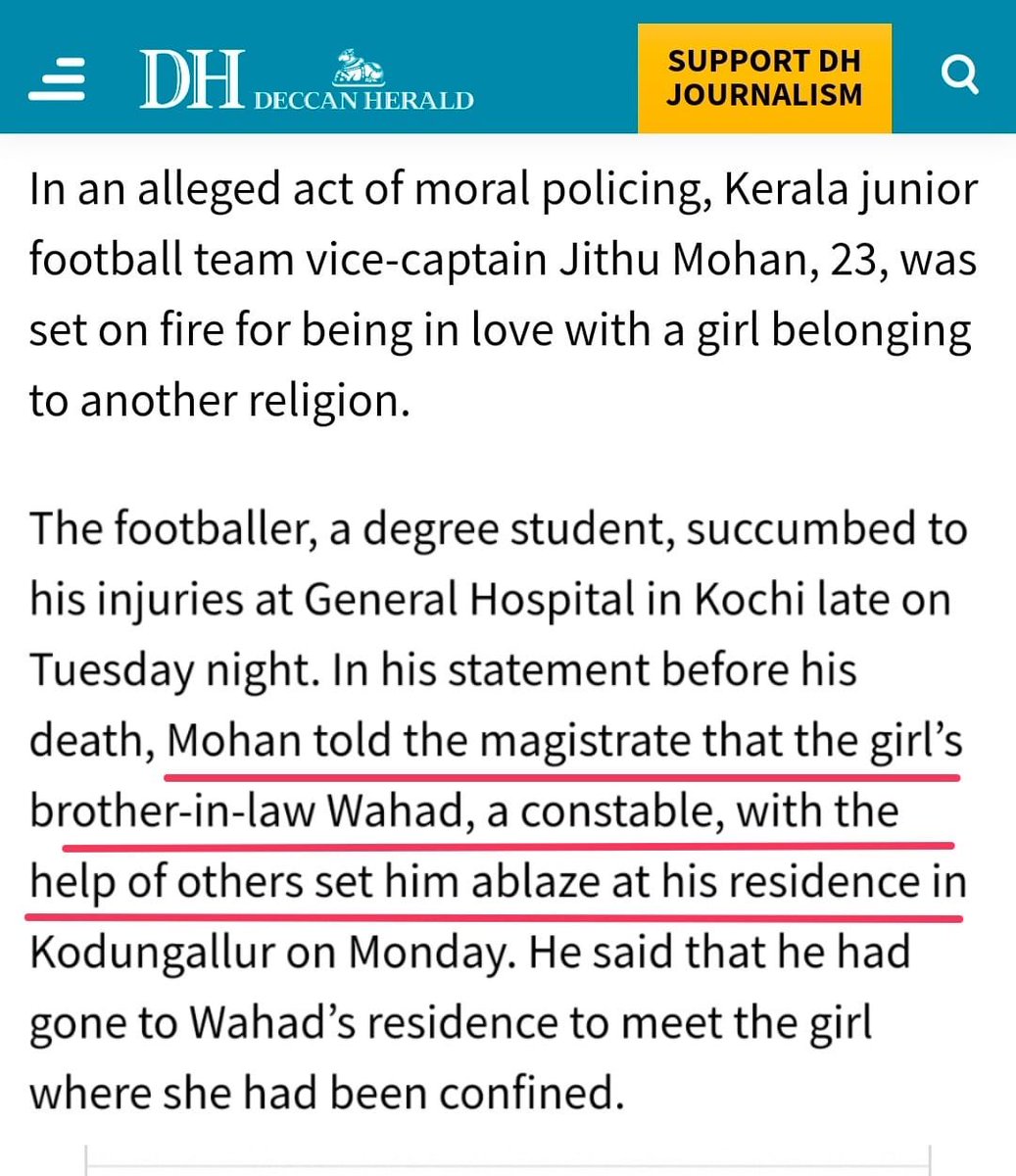 7- Jithu Mohan fell in love with a muslim girl. He was set ablaze by brother in law of his girlfriend. He succumbed to injuries.