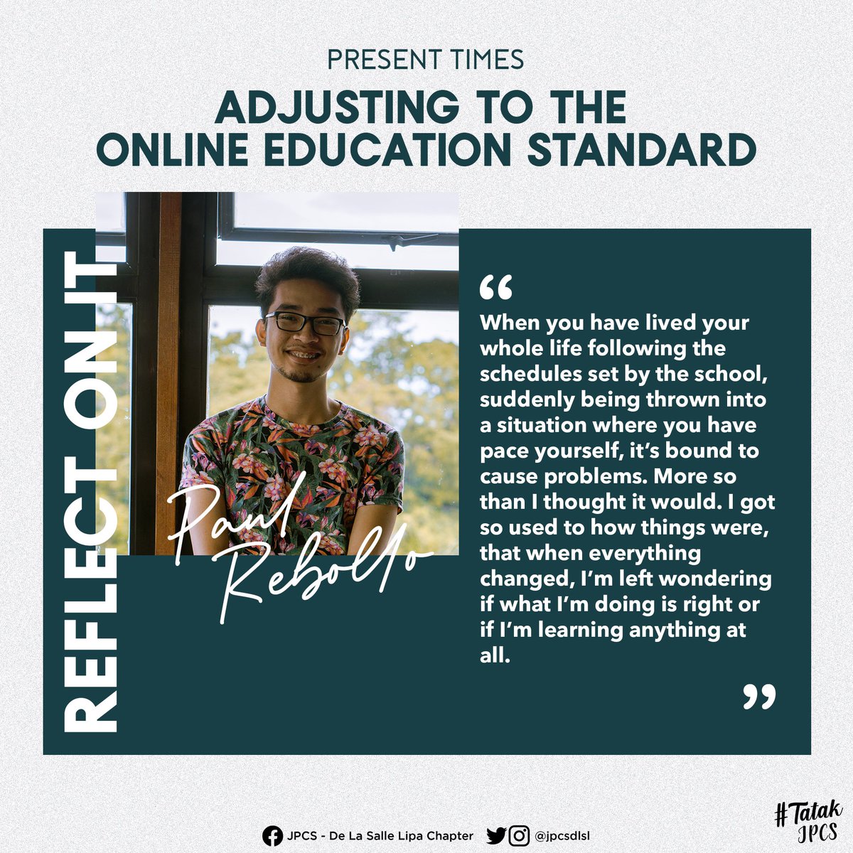 jpcsdlsl's tweet photo. Reflect On IT: Adjusting to the Online Education Standard Series 1 of 2
#ReflectOnIT
#TatakJPCS
Layout by Joseph Renzo Baldovino https://t.co/bAXOlSaRoA