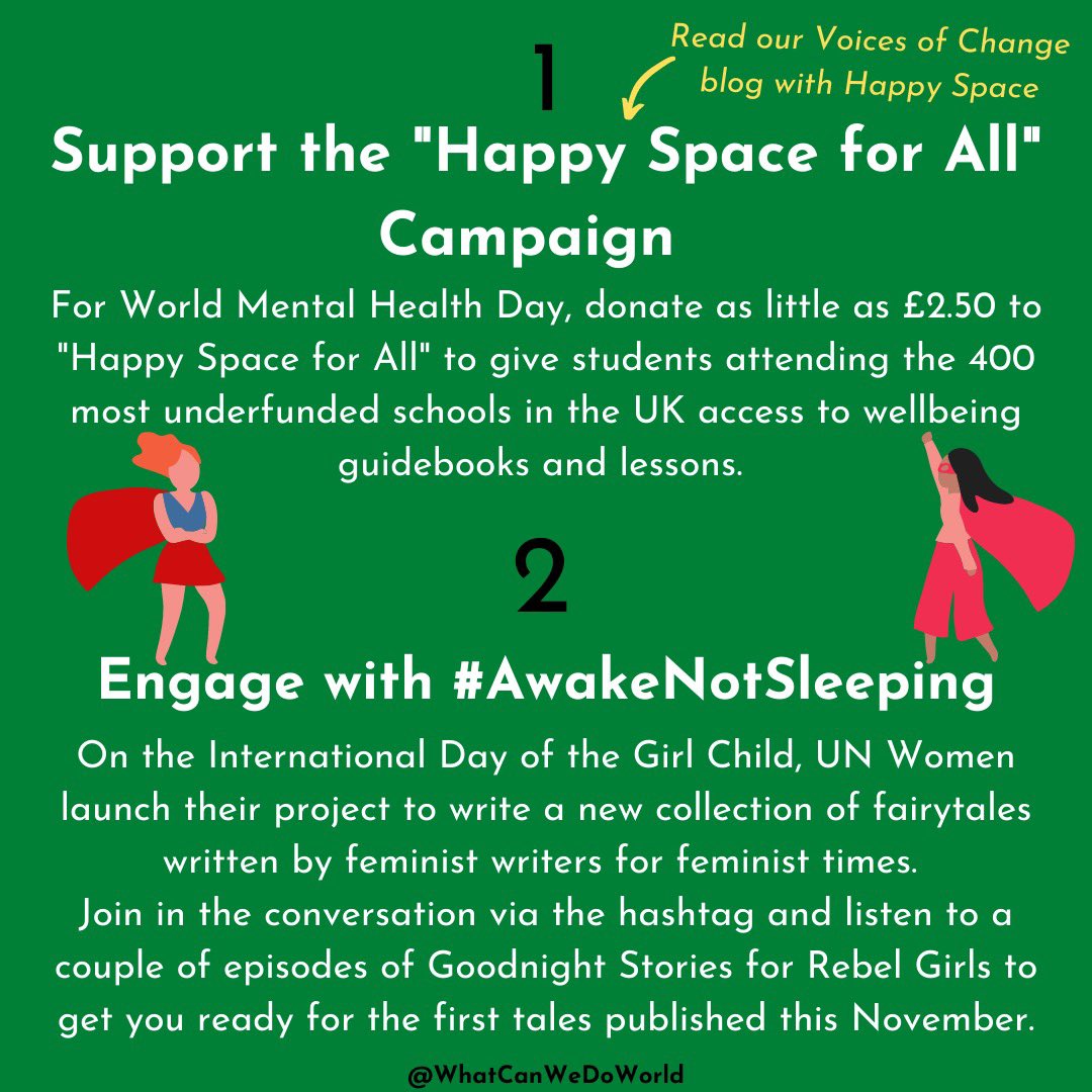 WhatCanWeDo7's tweet photo. Feminist fairytales, students with good mental wellbeing, a kickass podcast, a sustainable swap! Featuring @jameelajamil @HappySpaceUK @InsideOutUK_ @UN_Women, our 5 blog has you covered to get started with community activism. What will you do this week? #ThisIsActivism https://t.co/ZBl8C2B0R1