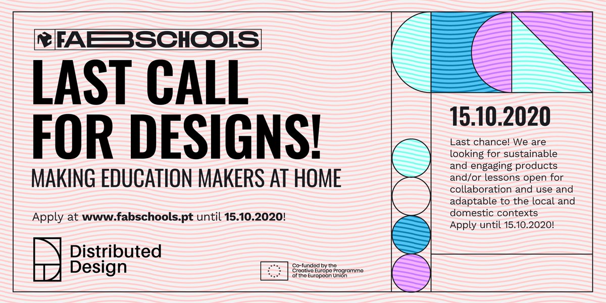 Fab Lab Benfica (@benficafab) on Twitter photo Last Call!
Apply at fabschools.pt until October 15th.
#ddmp #distributeddesign #creative_europe #fabschools
#ESELx
#polictecnicodelisboa
@ddmpeu
<a href="/fabfndn/">Fab Foundation</a>
<a href="/wikifactory/">Wikifactory</a>
<a href="/creativecommons/">Creative Commons</a>
<a href="/inovamedialab/">iNOVA Media Lab</a>
<a href="/futurelearningu/">Future Learning Unit</a>
<a href="/fablabbcn/">Fab Lab Barcelona</a>
<a href="/iaac/">IAAC</a> Last Call!
Apply at fabschools.pt until October 15th.
#ddmp #distributeddesign #creative_europe #fabschools
#ESELx
#polictecnicodelisboa
@ddmpeu
<a href="/fabfndn/">Fab Foundation</a>
<a href="/wikifactory/">Wikifactory</a>
<a href="/creativecommons/">Creative Commons</a>
<a href="/inovamedialab/">iNOVA Media Lab</a>
<a href="/futurelearningu/">Future Learning Unit</a>
<a href="/fablabbcn/">Fab Lab Barcelona</a>
<a href="/iaac/">IAAC</a>