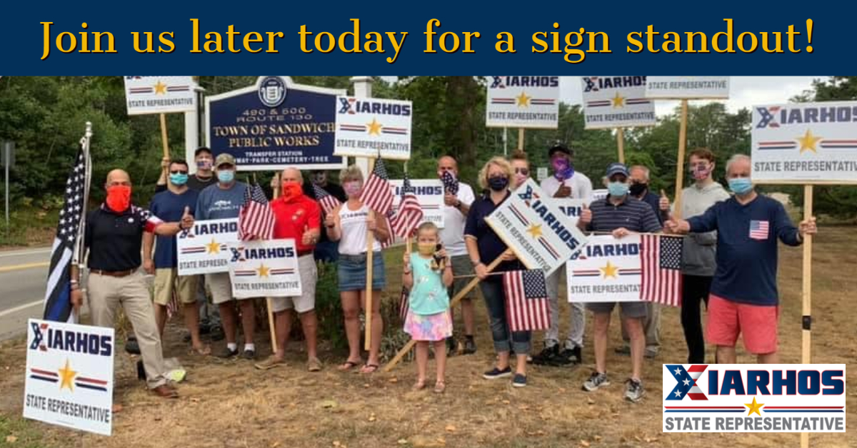 Please join us for a sign standout later today!

SUNDAY at 12:00 Noon
Sandwich Transfer Station

We need all the help we can get to spread the message of our campaign to voters. Please join us to show your support!