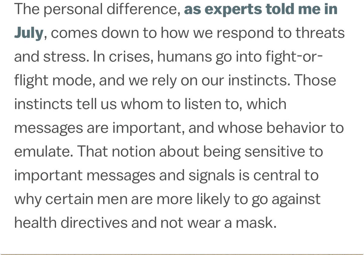 In the Vox version of this story  @alex_abads says people follow signals from leaders when under stress — so Trump fans (mostly men) are listening to him be weird about masks. https://www.vox.com/the-goods/21356150/american-men-wont-wear-masks-covid-19