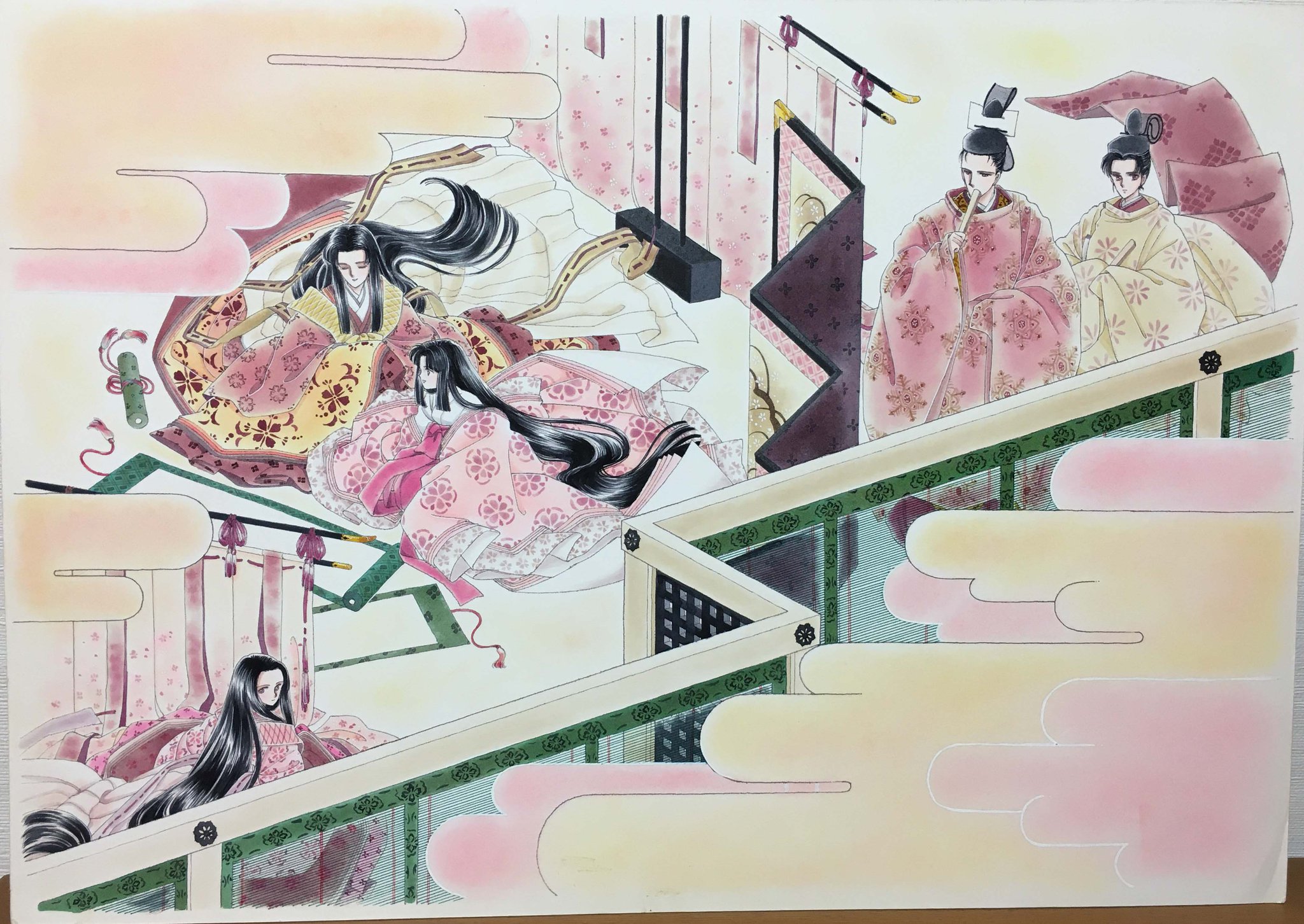 山内直実 ざ ちぇんじ 其の十 の見開きトビラと その前後のカラーページです 以前も書いたことあるんですが 絵巻風に などと思って描いたら とんでもなく大変だったトビラです カラーインク