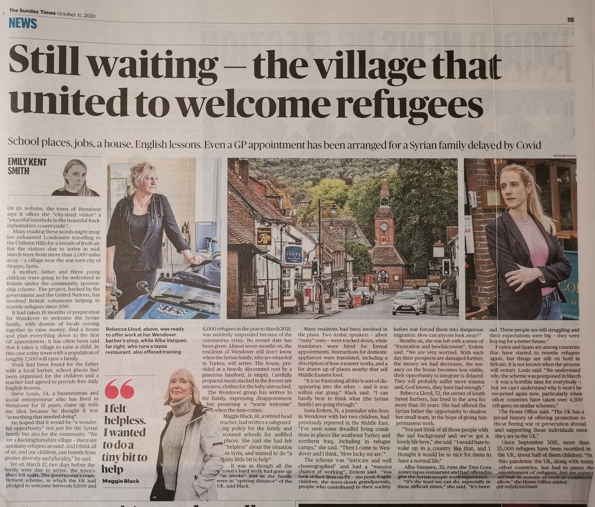 Wendover and Alba have made it into the @thesundaytimes. It was a pleasure to be involved in helping Steve and the team raise so much money for the arriving family; Let's hope they can get here soon safe and sound.