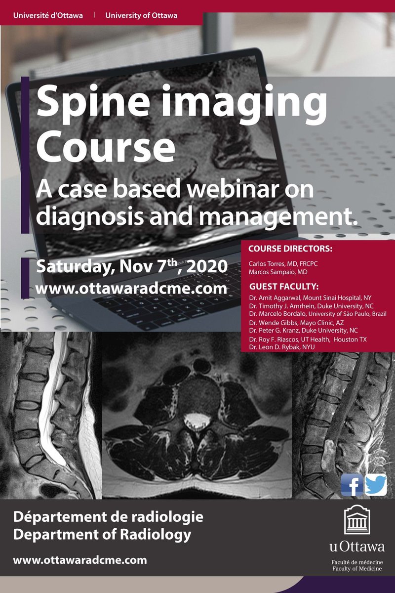 MarceloBordalo's tweet image. Spine Imaging - Single day course (Nov 7th). Lectures and clinico-radiological session. #spineimaging #MSKRad #NeuroRad #radres