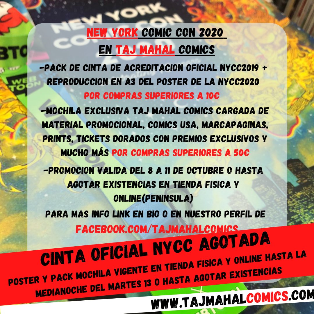 tajmahalcomics's tweet image. Aunque hemos agotado la cinta oficial de la #nycc2019 vamos a seguir regalando las reproducciones del póster de la edición de este año y los lotes de mochilas+regalos hasta la medianoche del martes 13 o hasta agotar existencias! #tiendafisicayonline 
➡️ tajmahalcomics.com