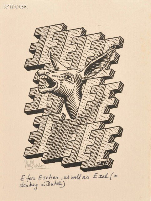 deptofdev's tweet image. ‘E’ for ‘Ezel. Alphabet images by M.C. Escher 1953 ('Ezel' is a donkey in Dutch). #ConnectedbyDesign @DesignMuseum  #mcescher #escher #woodcut #letters #alphabet #E