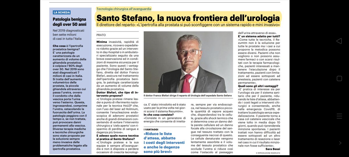 In recent days we have operated the first Patients with this new technique at the Prato hospital: REZUM.
 The screened cases were discharged the day after the procedure.
 I am satisfied for now even if the definitive clinical results will be seen in about a month.