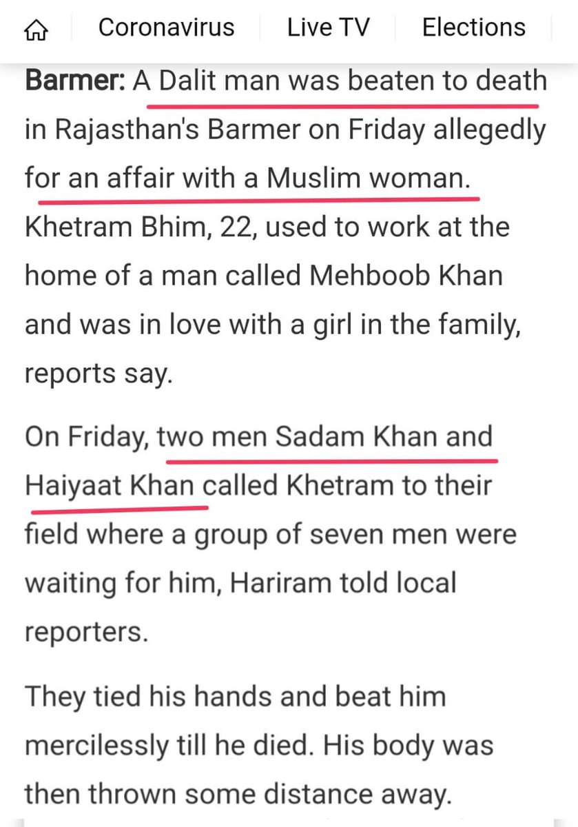 15- Khetram Bhim was having affair with a muslim girl. Girl's family did not like the relation and warned him. One day Sadam and Haiyaat Khan called Khetram in the field, they tied his hands and lynched him to death. @BhimArmyChief