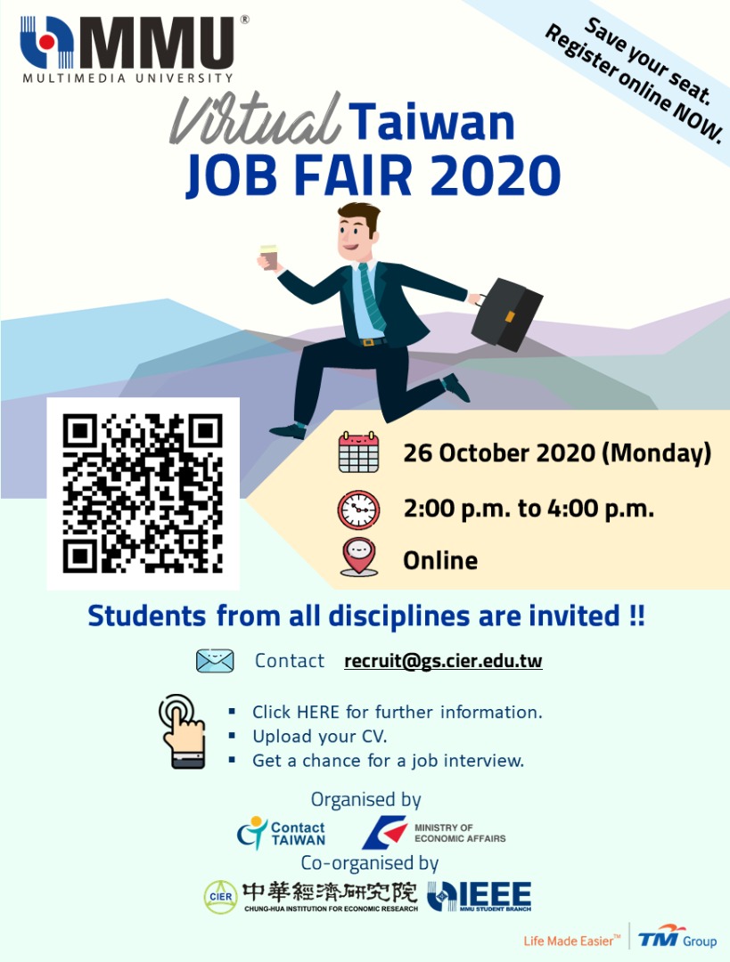 Virtual Taiwan Job Fair 2020 is open to students and job seekers from all areas (business, finance, engineering, computing, design, etc.) . Grab this opportunity to broaden your perspective about your career options. For more information: mmu.edu.my/foe/virtual-ta…