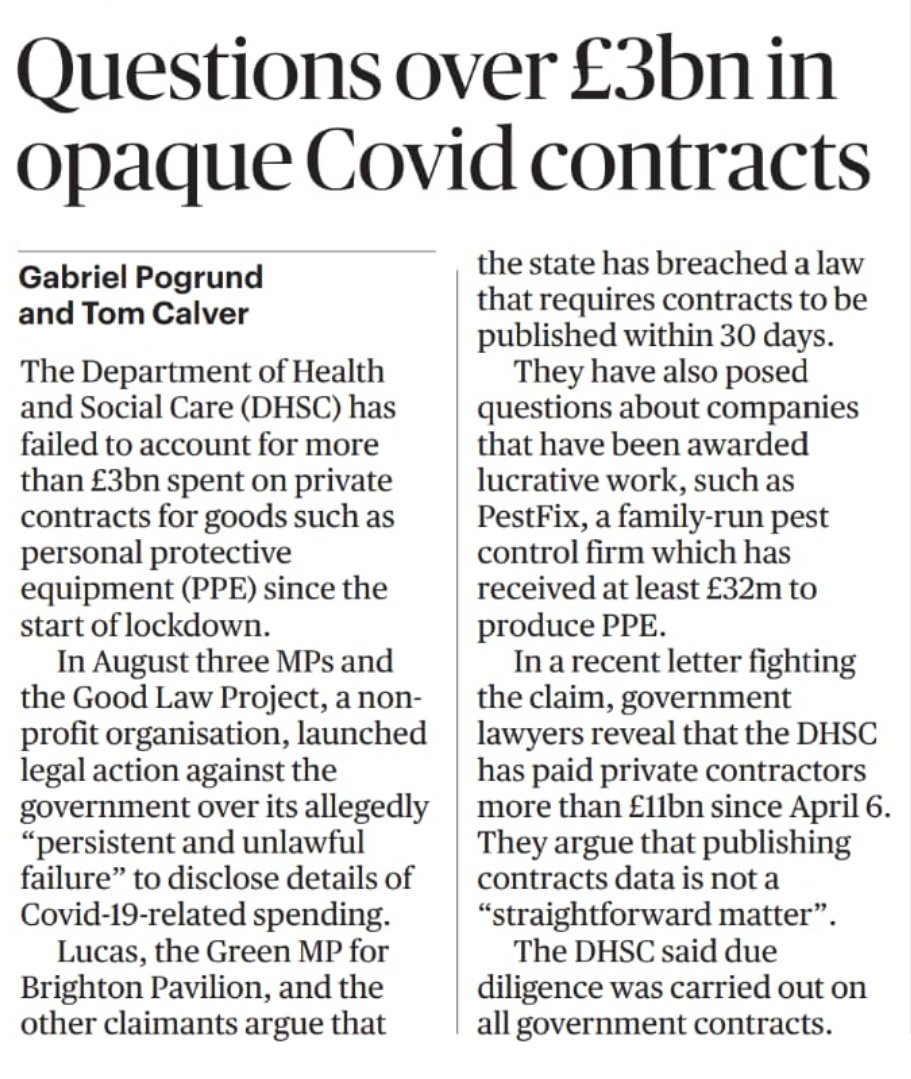 Gabriel_Pogrund's tweet image. EXC: The Department of Health has failed to account for £3bn of spending on private contracts since lockdown

Fresh figures emerged as part of @GoodLawProject's litigation against the government with @Debbie_abrahams @CarolineLucas @LaylaMoran
