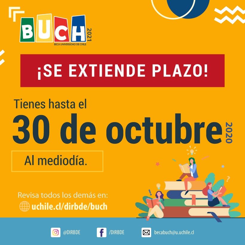 uchile's tweet photo. Te recordamos que EXTENDIMOS EL PLAZO para que postules al Sistema de Ingreso Prioritario de Equidad Educativa (SIPEE) y a la Beca Universidad de Chile (BUCH). Ahora tienes hasta el 30- OCTUBRE!
Postula al #SIPEE: https://t.co/uu7gjczl26
Postula a #BUCH: https://t.co/GcCjs3jdqQ https://t.co/Q3fWkC0BMR