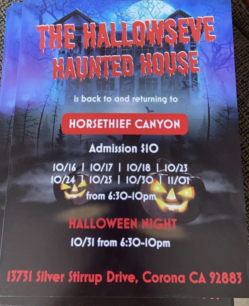 blakehallowseve's tweet photo. ‼️‼️WE ARE BACK AND BIGGER AND BETTER THAN EVER BEFORE! that’s right the 2020 HALLOWSEVE HAUNTED HOUSE is here and opening the doors on Friday October 16th and every week till the 1st of November right here at 13731 silver stirrup drive corona CA 92883‼️‼️ https://t.co/tfXnA5GV9Q