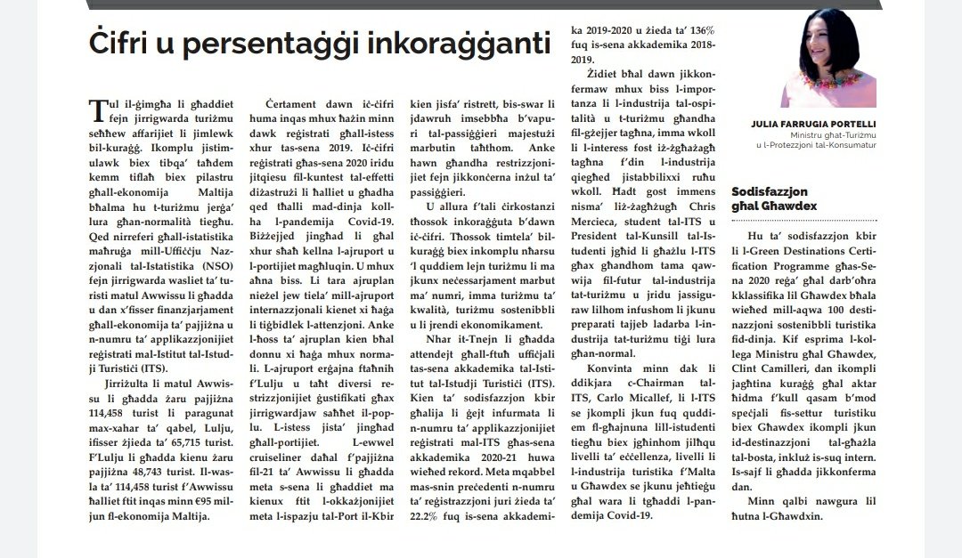 JuliaFarrugia's tweet photo. Today's article in @it_Torca highlights the positive and encouraging numbers of tourists visiting #Malta in August. #Gozo made it again as one of the best 100 sustainable touristic destinations. @MaltaGov @RobertAbela_MT @Clint_Camilleri @VisitMalta https://t.co/JaemlxVfIX