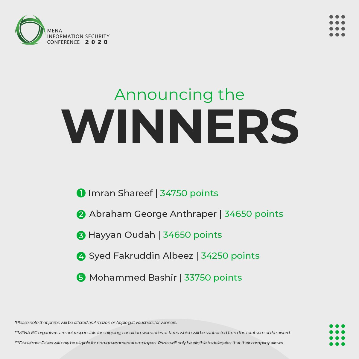 VirtuPortMEA's tweet photo. Congratulations to #MENAISC2020 Winners!
https://t.co/vjE3gl8S4H #informationsecurity https://t.co/fuZnU2zdBx