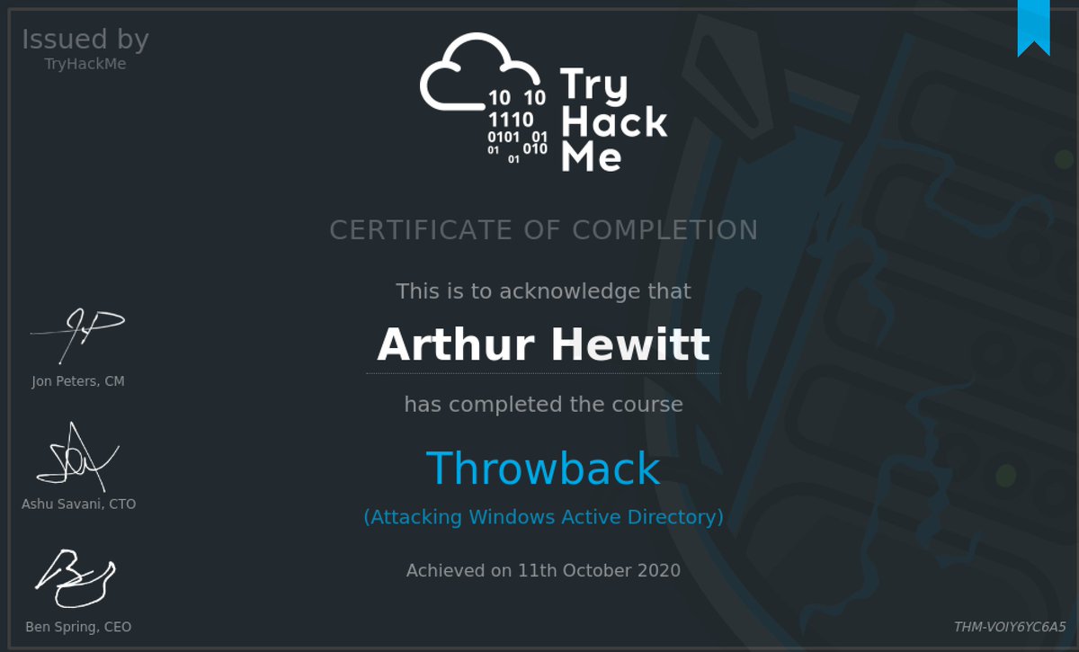ArthurHewitt's tweet photo. I just completed the @tryhackme Throwback room! I learned a lot while going through this and definitely recommend checking it out: https://t.co/qaBY9hgASp https://t.co/TkQlSkhrdr