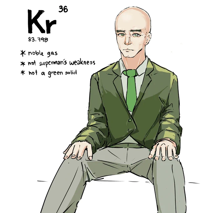 Here's Krypton:
* noble gas
* not superman's weakness
* not a green solid
#oneelementperworkout 