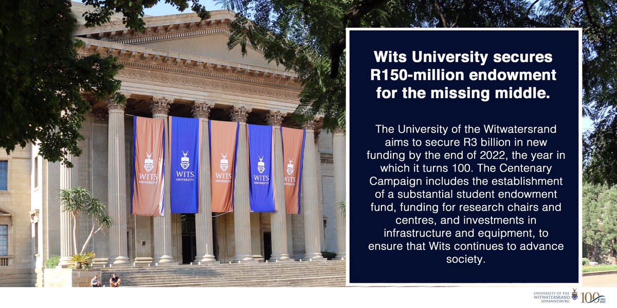 🏛️💯 The University of the Witwatersrand secures R150-million endowment for missing middle students. This is one of the largest donations ever made for the benefit of the University. Read more: wits.ac.za/news/latest-ne…