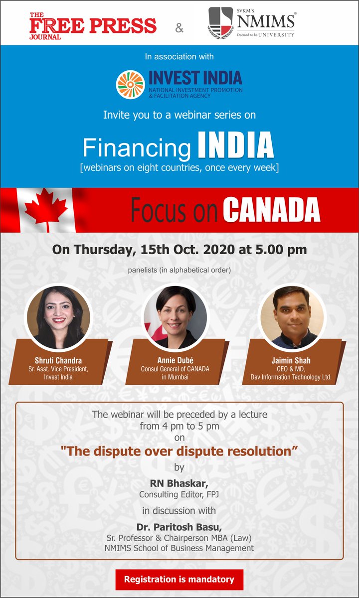 fpjindia's tweet photo. @fpjindia &amp; @nmims_india in association with @investindia invite you to a webinar series on 'Financing India'.  The focus country for the very first webinar of the series is Canada on 15/10/20 at 5pm.

Registration: https://t.co/pYg3ZadWlL

@AnnieFDube @CanadainIndia @DEVITPL https://t.co/L7BF6PvygO