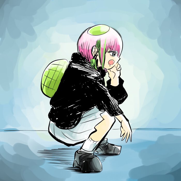 1girl solo squatting pink hair hood skirt green hair  illustration images