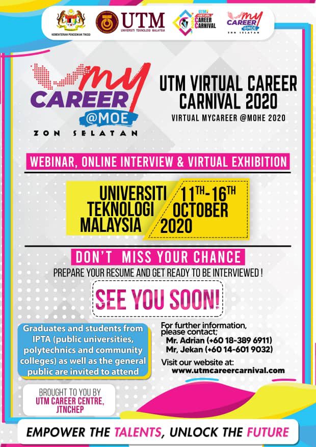 utmcc2020's tweet photo. Tomorrow is the day!! Don’t miss up any chance to know more about your future career prepared by UTMVCC 2020!! Do come and join us!!!
#maukerja #kerjakosong #utmvcc #jobhunter https://t.co/Kvd7XeD8Hs