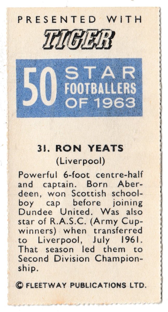 CardhawkUK's tweet photo. Liverpool's man mountain Ron Yeats shown on a 1963 Fleetway Productions "50 Star Footballers of 1963" card. Definitely not the most expensive cards out there, but I love them for their simplicity and vivid colours - they stand out in any collection. https://t.co/cktYwuJY1o