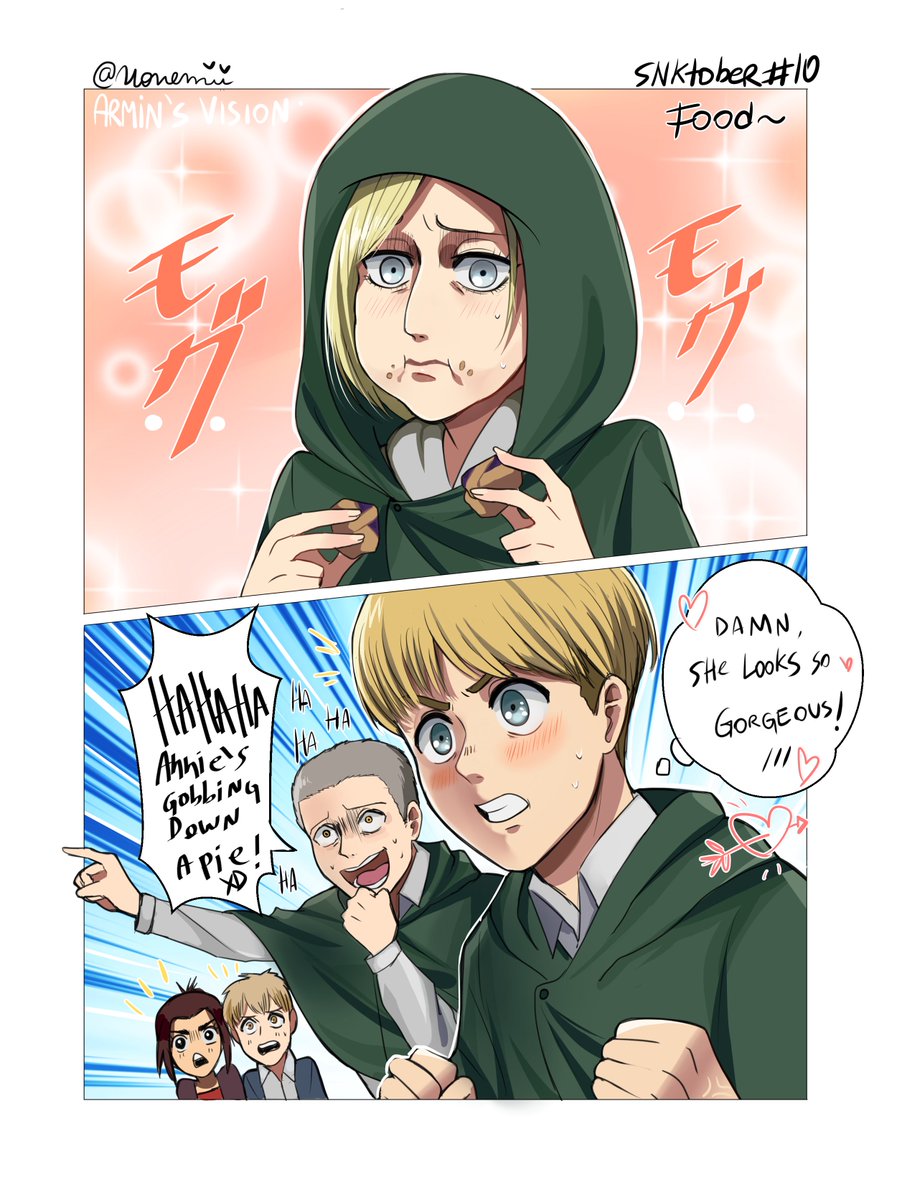 #SNKTOBER2020 N 10 Food 
"It's her first pie in four years XDD"
.
. 
#aruani #アルアニ #進撃の巨人  #armin #annie #アルミン・アルレルト #アニ・レオンハート #AttackOnTitan #snk #falcoxgabi #conniespringer 