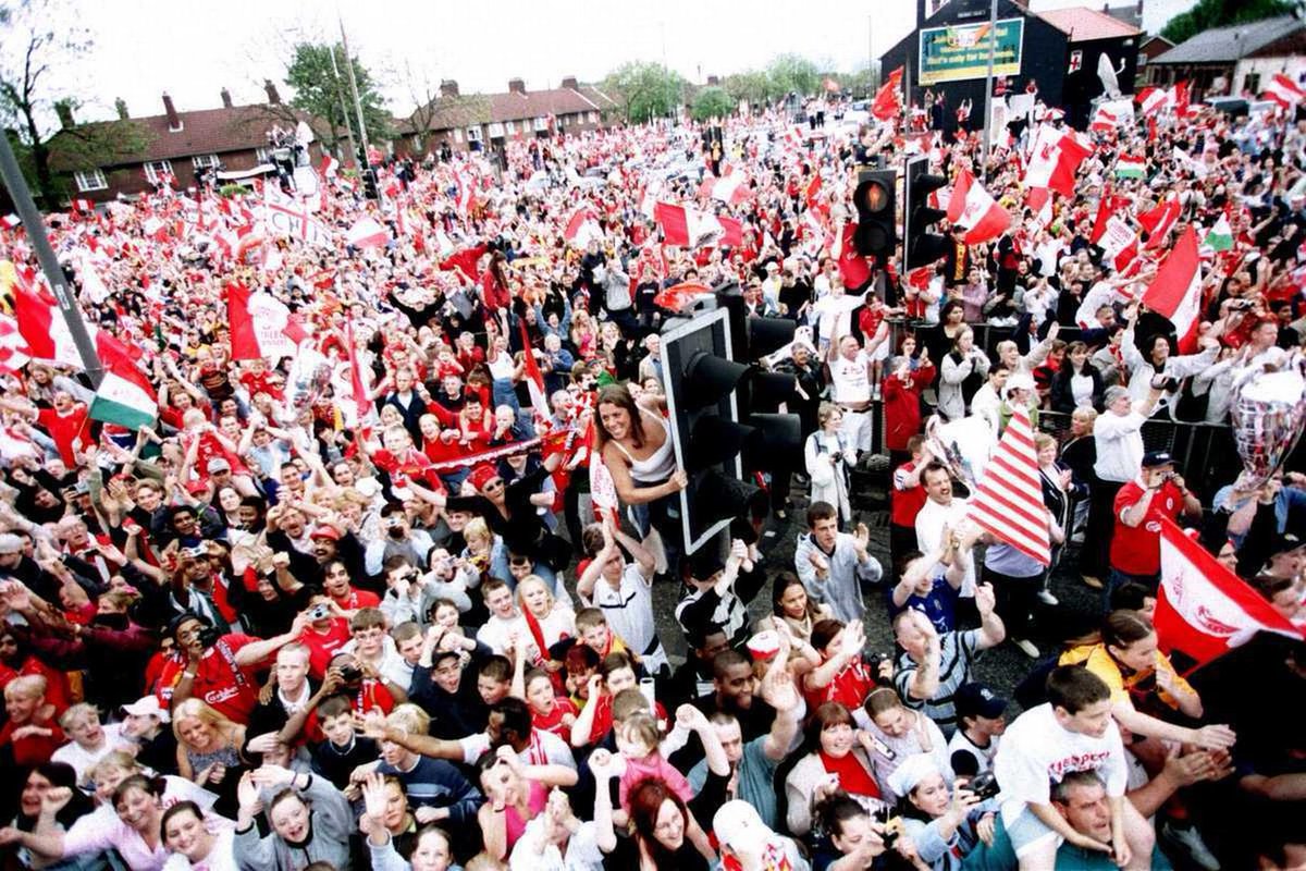 Liverpool celebrating the 2001 treble