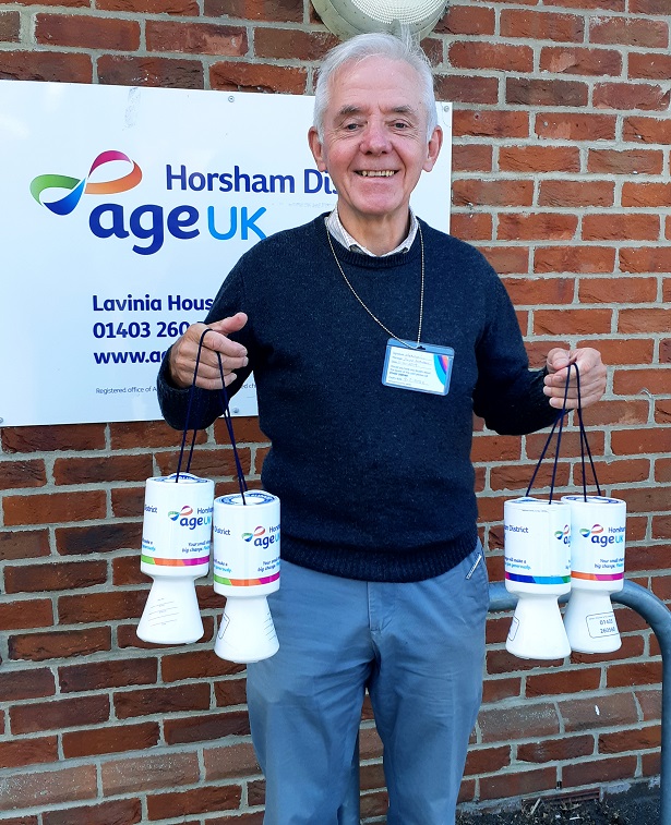 Meet Jim, our Collection Tin volunteer!
Jim really enjoys his role because he loves getting out into the community. He says volunteering leaves him with a happy &amp; positive feeling!
If you could have a collection tin at your shop or business please call us on 01403 260560.