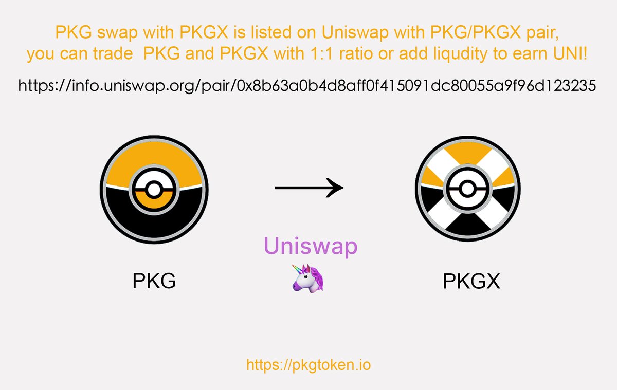 pkgtoken's tweet photo. PKG swap with PKGX is listed on @UniswapProtocol  with PKG/PKGX pair, you can trade  #PKG and #PKGX with 1:1 ratio or add liqudity to earn $UNI: https://t.co/fpzZXGJYjf 🦄PKGX/ETH pair coming soon! https://t.co/q0foRqVwj8 #pkgtoken #btc #eth #uniswap #uni #DeFi #DeFiFarming https://t.co/Uz6RcJspJm