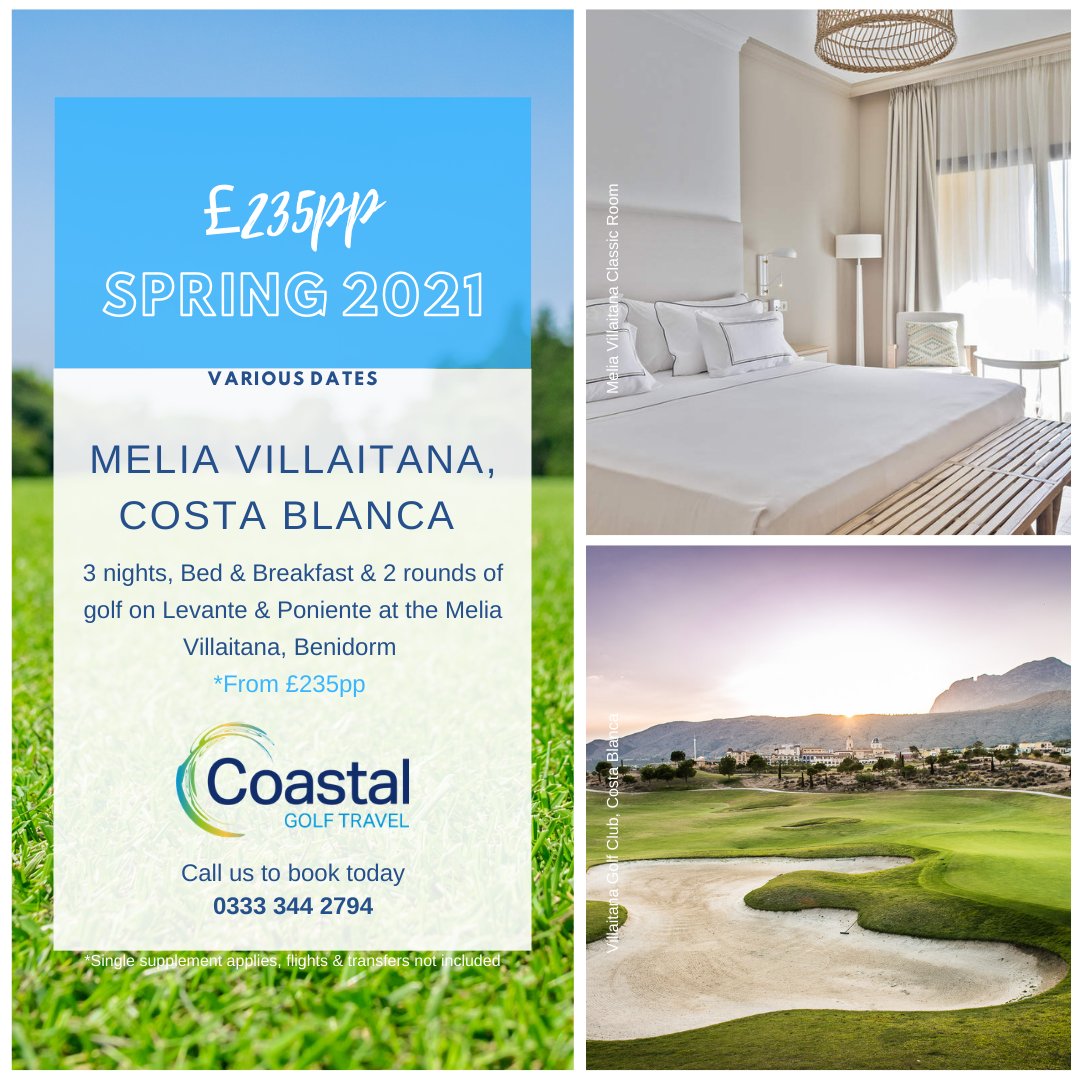 GoCoastalGolf's tweet photo. Escape to the sunshine in early #2021. 

☀️ Melia Villaitana, Costa Blanca, 
🛏️ 3 nights, B&amp;B
⛳ 2 Rounds of Golf on Levante &amp; Poniente
🏊 Pool, Spa &amp; Fitness Club
🦉 4/5 TripAdvisor Rating
🌟 4 Star Rating

#golf #golfspain #golftrip #golfbreak #getaway #holidays #costablanca https://t.co/vQeabFxLfO