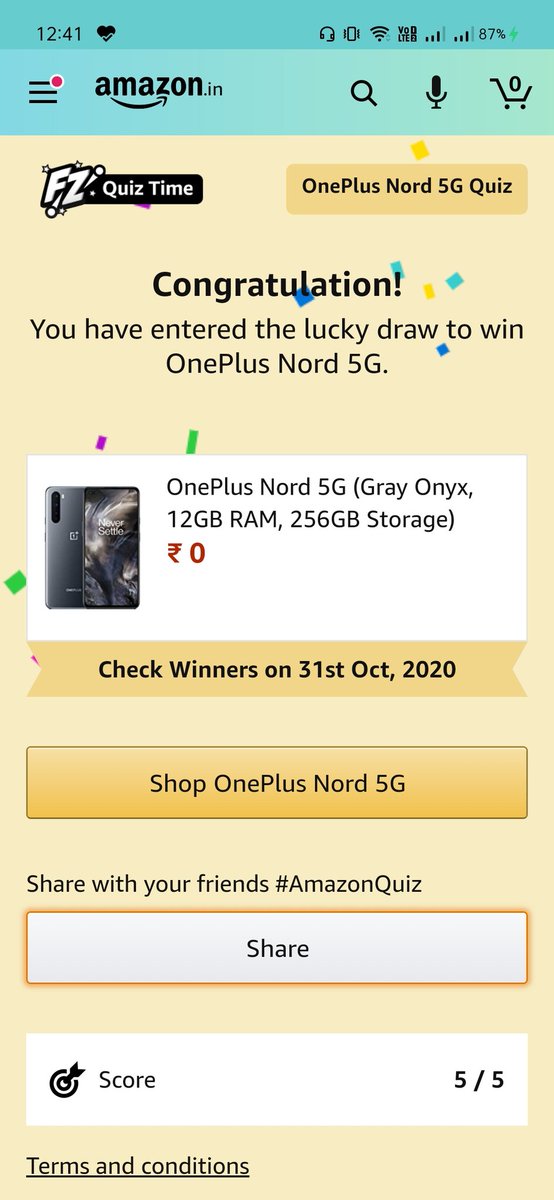 raviteja_ss's tweet photo. Played the #AmazonQuiz &amp; entered in the lucky draw of #OnePlusNord5G really hoping to win this one🤩 @amazonIN https://t.co/MeaRmz3Ol2