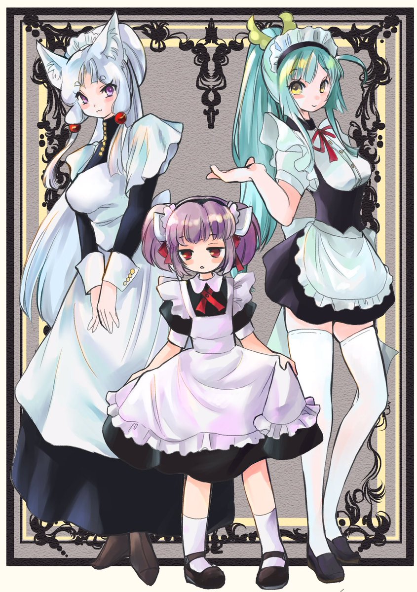 multiple girls apron maid 3girls animal ears fox ears long hair  illustration images