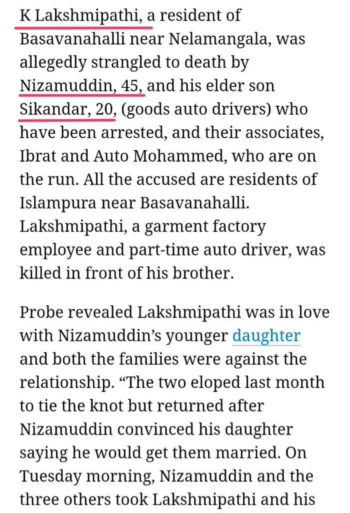 20- Lakshmipati fell in love with a muslim girl. Her father, Nizamuddin didnt like it so they started living away. Nizamuddin invited Lakshmipati to discuss marriage and strangled him to death with help of son Sikander.