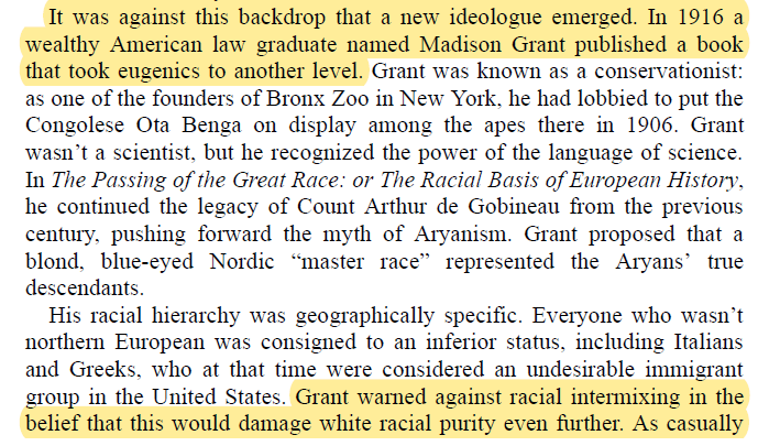 In 1916 a wealthy American law graduate named Madison Grant published a book that took eugenics to another level… Grant warned against racial intermixing in the belief that this would damage white racial purity even further.  #Saini