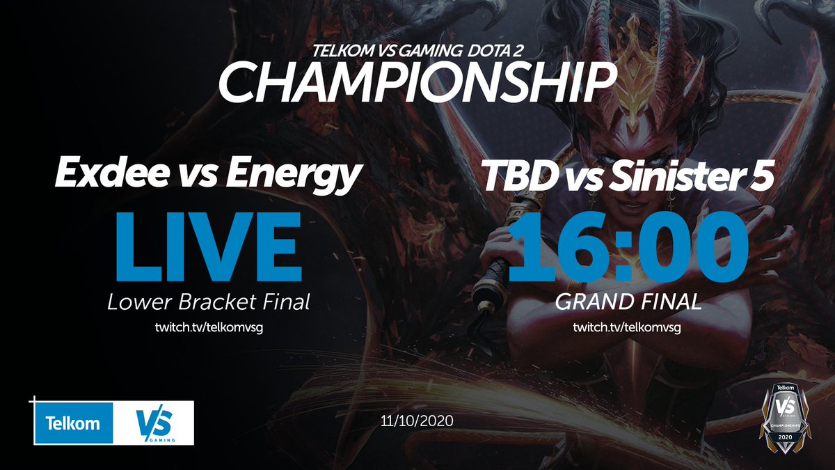 Yesterday WRG were knocked out of the running in the Dota 2 Championships by Energy, who will now face Exdee Gaming in the lower bracket final, after Exdee lost yesterday against Sinister 5. 

<a href="/exdeegaming/">Exdee Gaming</a> vs <a href="/EnergyEsportsZA/">Energy Esports</a>
📺twitch.tv/telkomvsg
🎙️<a href="/HellbirDza/">HellbirD</a> <a href="/NotaHeroDota/">Etienne Vermaak</a>