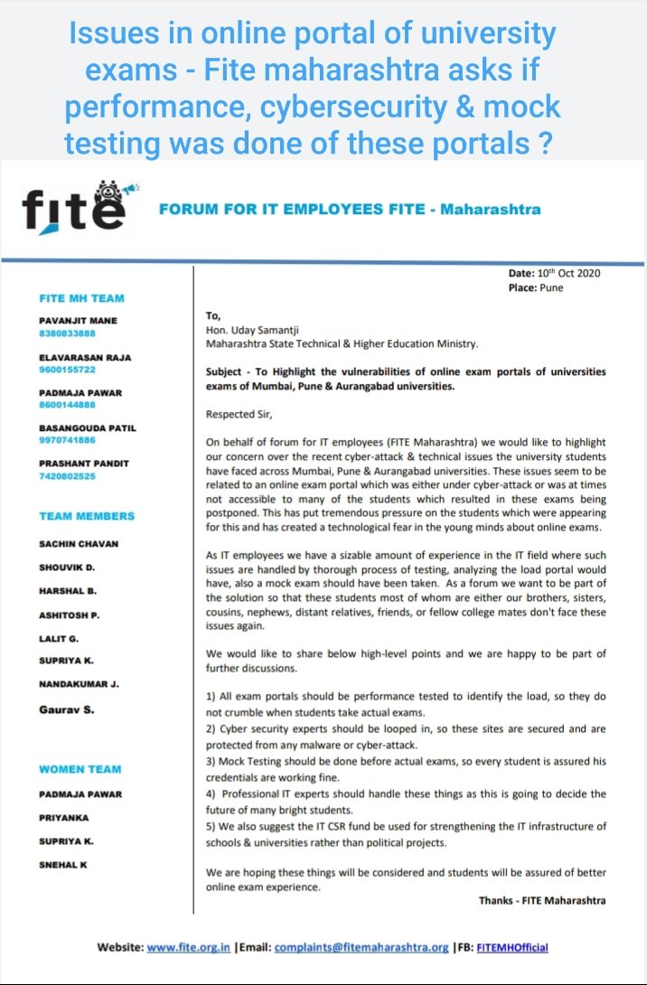 FITEMaharashtra's tweet photo. Issues in online exams of #universities of #Mumbai , #Nagpur ,#Pune &amp; #Aurangabad .
Fite maharashtra feels #performance , #cybersecurity &amp; #mocktesting of these online portals could have easily avoided such issues
@samant_uday @CMOMaharashtra 
@PuneUniv @MumbaiUni 
@OneMillionIT https://t.co/VADgtUxkQI