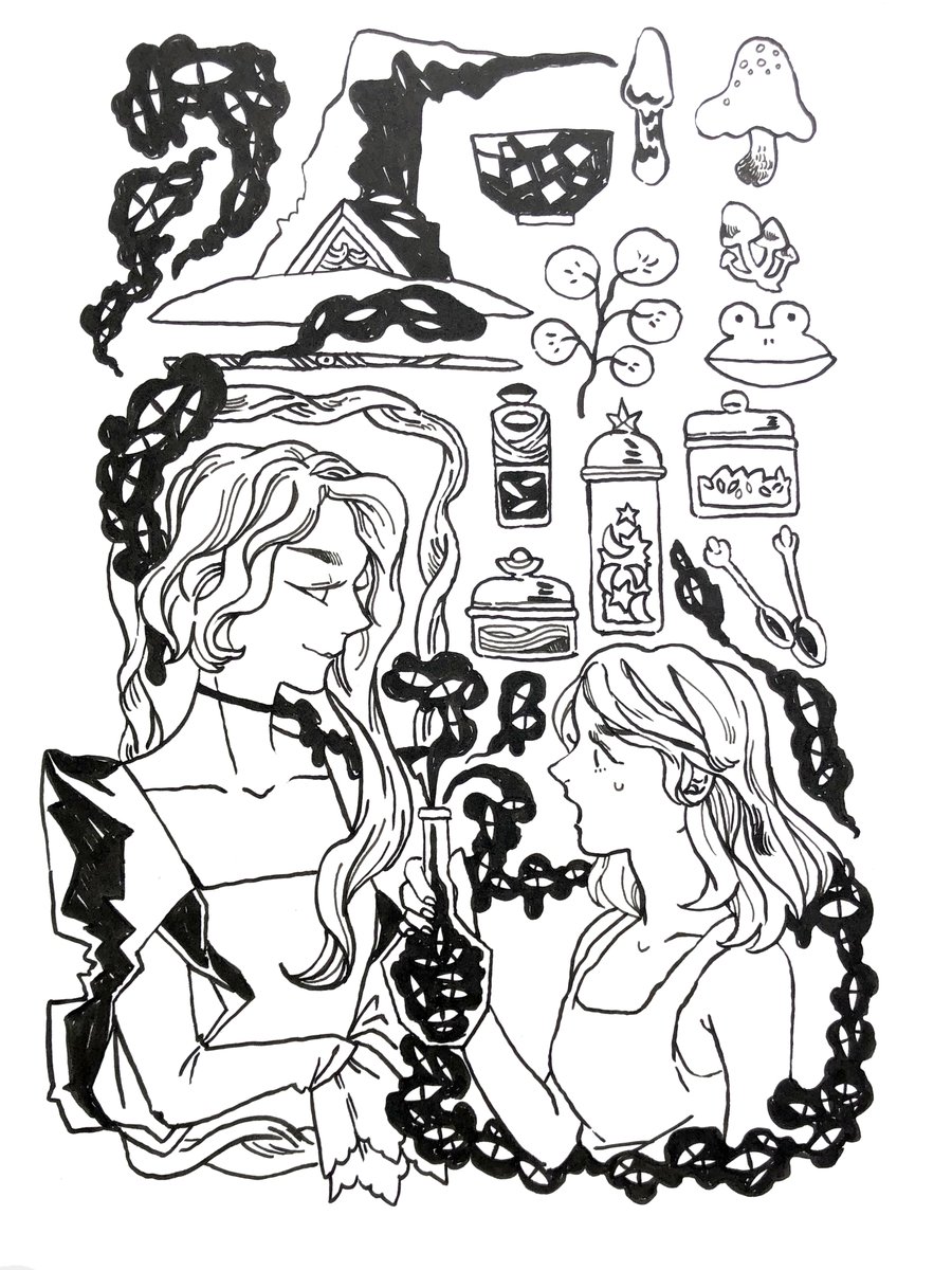 INKTOBER DAY 11. Disgusting - 
“ Ahh! Why did my potion turned out so disgusting!!” 
“ You probably forgot to add in the star fragments.”

Characters from Inktober day 2. The girl started her apprenticeship and Magic is very hard to master 🔮 #inktober2020 #ArtistOnTwitter
