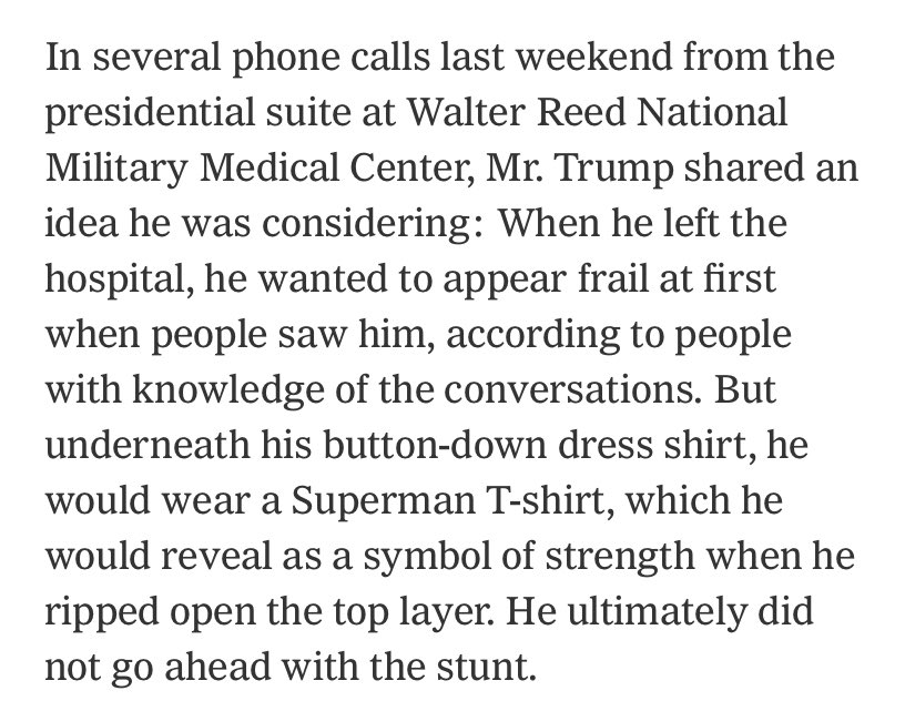 PickardJE's tweet photo. the president of the USA planned to rip off his shirt to reveal a Superman T-shirt - in the middle of the worst pandemic for a century - and this is an actual news story 

https://t.co/6IxGLYQAoJ https://t.co/ON74ll99bv