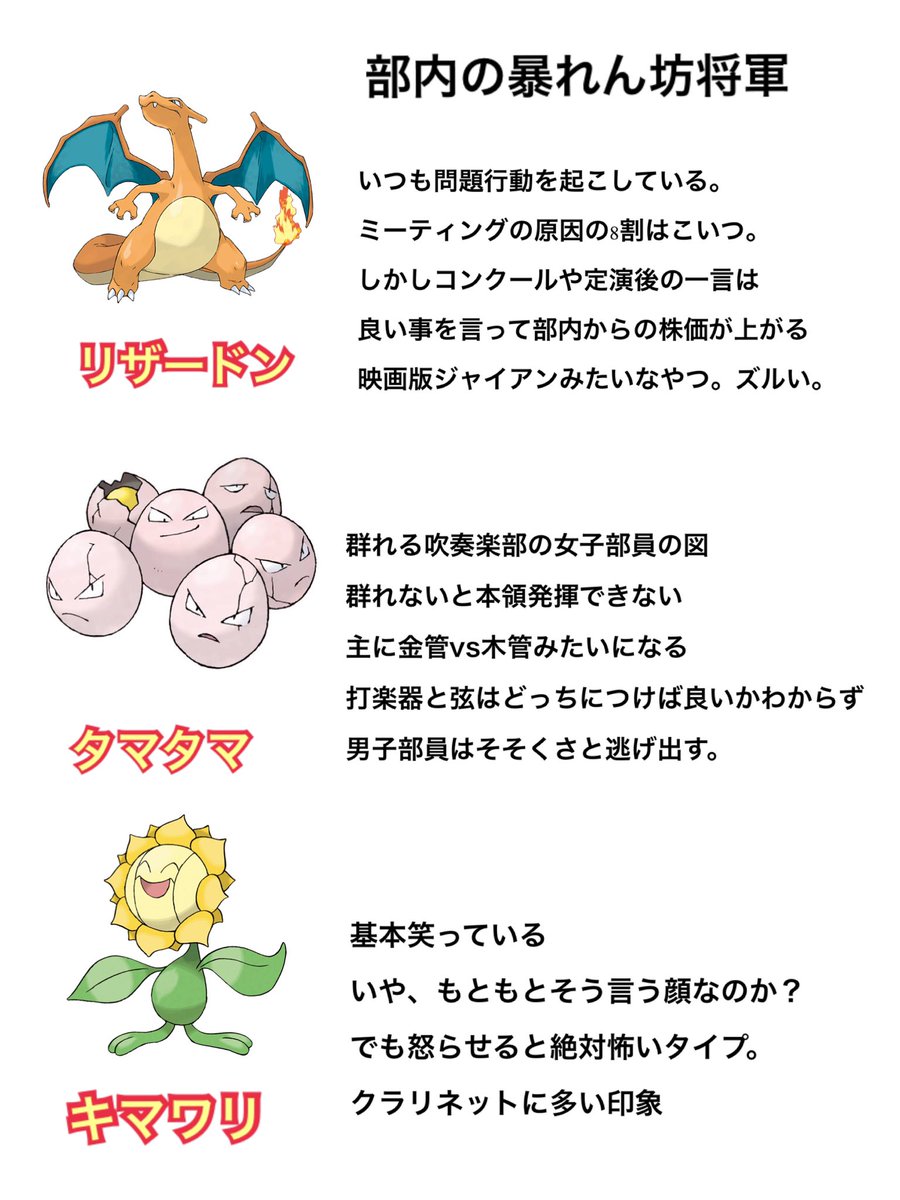うっつー先生 ご要望に応えてパート3 吹奏楽部に出現するポケモン達です